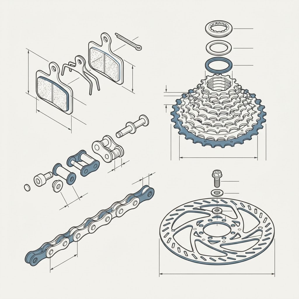 Exploded technical diagram of common bike wear parts: disc brake pads, a chain section, a rear cassette and a disc rotor, drawn as an engineering blueprint.