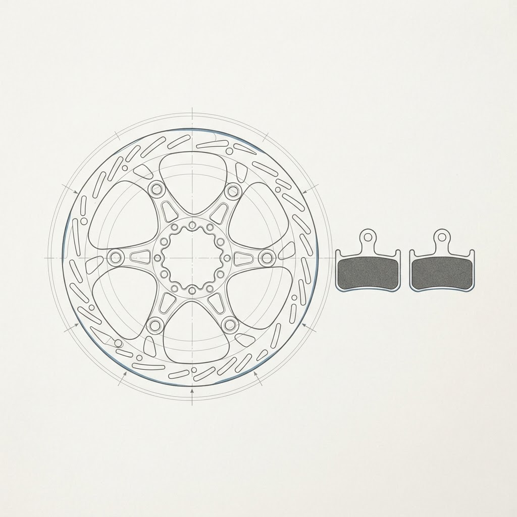 Blueprint drawing of a disc rotor beside two resin brake pads, showing the part matched to a bike's standard.